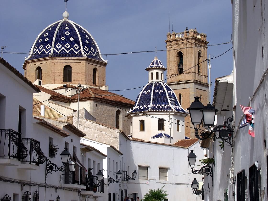 Blue tiled domes of the church in Altea